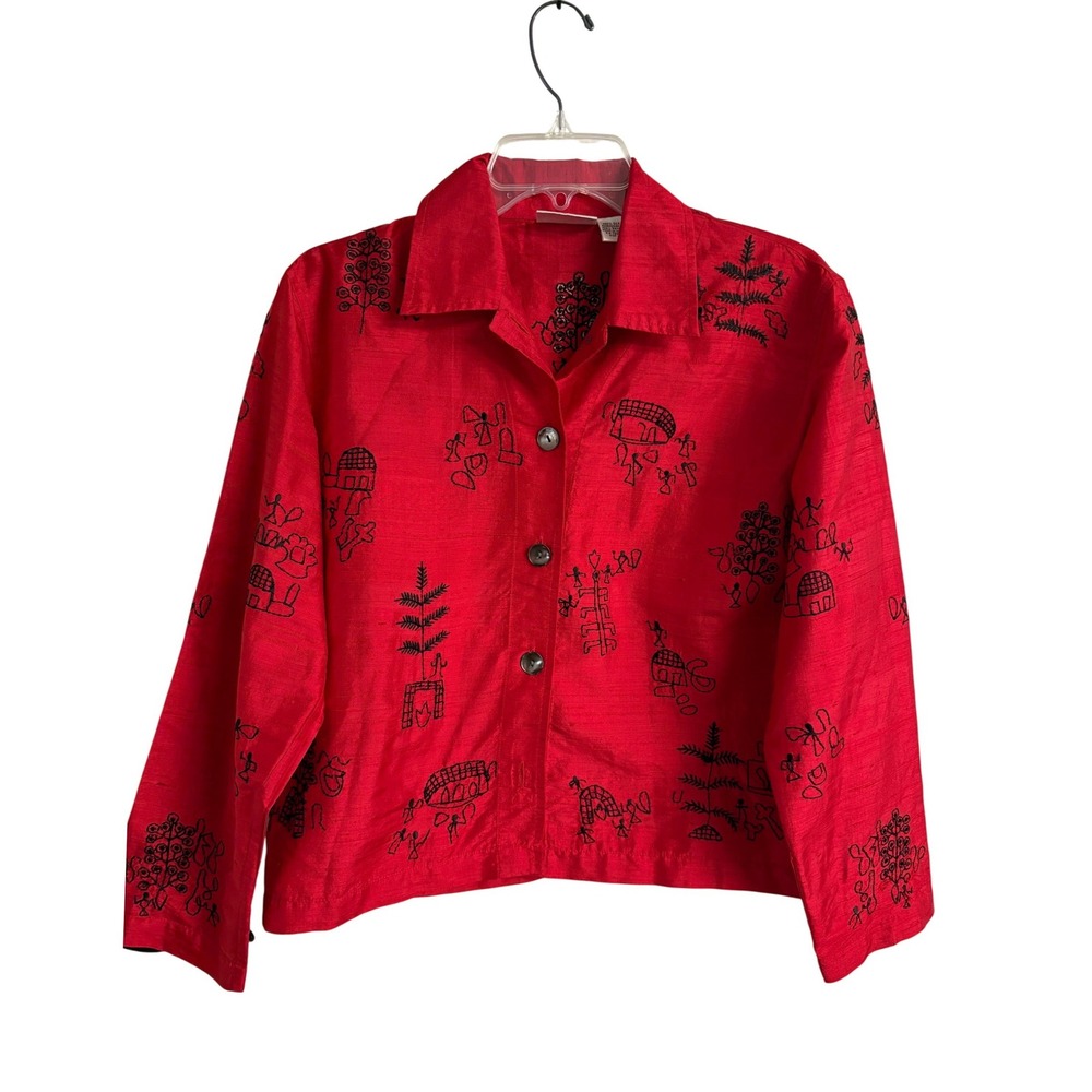 Vintage Chicos Design Red Silk Embroidered Button Shirt Tribal Stick Figure Sz S